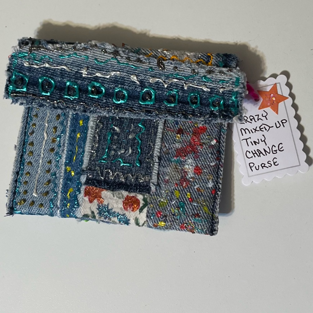 Handmade change purse, 4 1/2wide by 4 inch deep, blues multi color